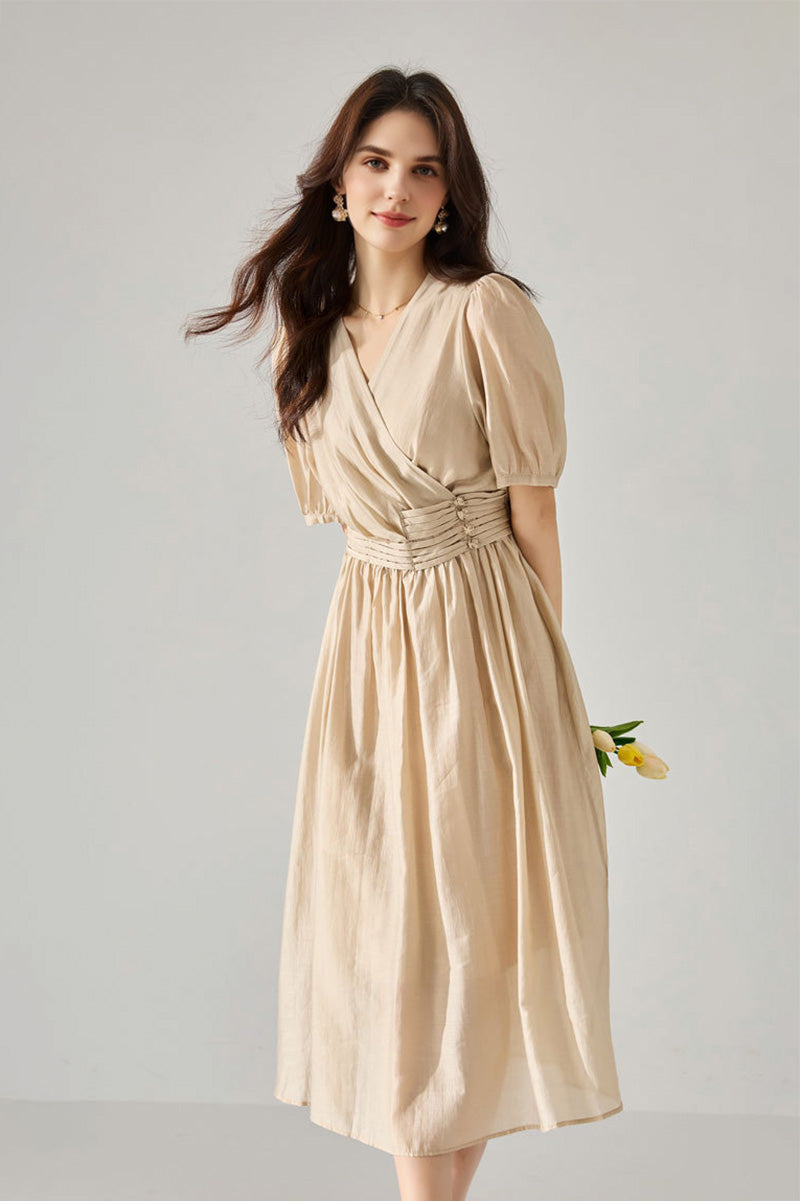 Sheer Tencel A-Line Midi Wrap Dress with Button Detail in Beige