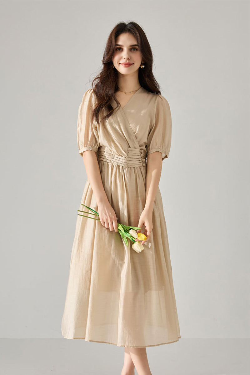 Sheer Tencel A-Line Midi Wrap Dress with Button Detail in Beige