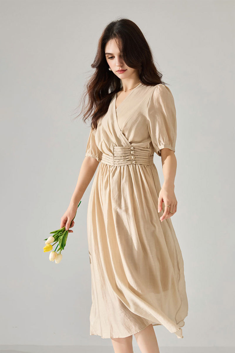 Sheer Tencel A-Line Midi Wrap Dress with Button Detail in Beige