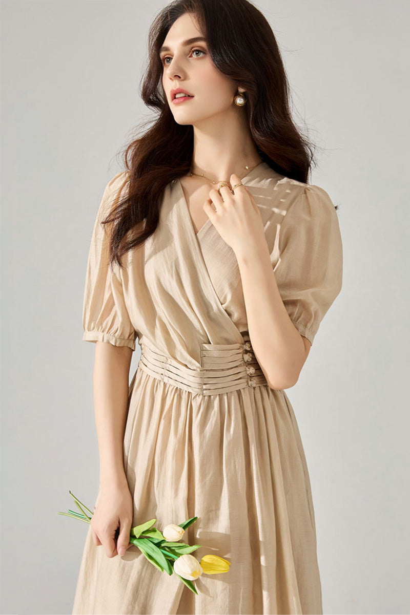 Sheer Tencel A-Line Midi Wrap Dress with Button Detail in Beige