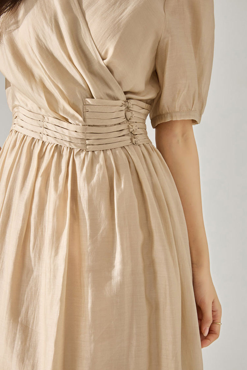 Sheer Tencel A-Line Midi Wrap Dress with Button Detail in Beige
