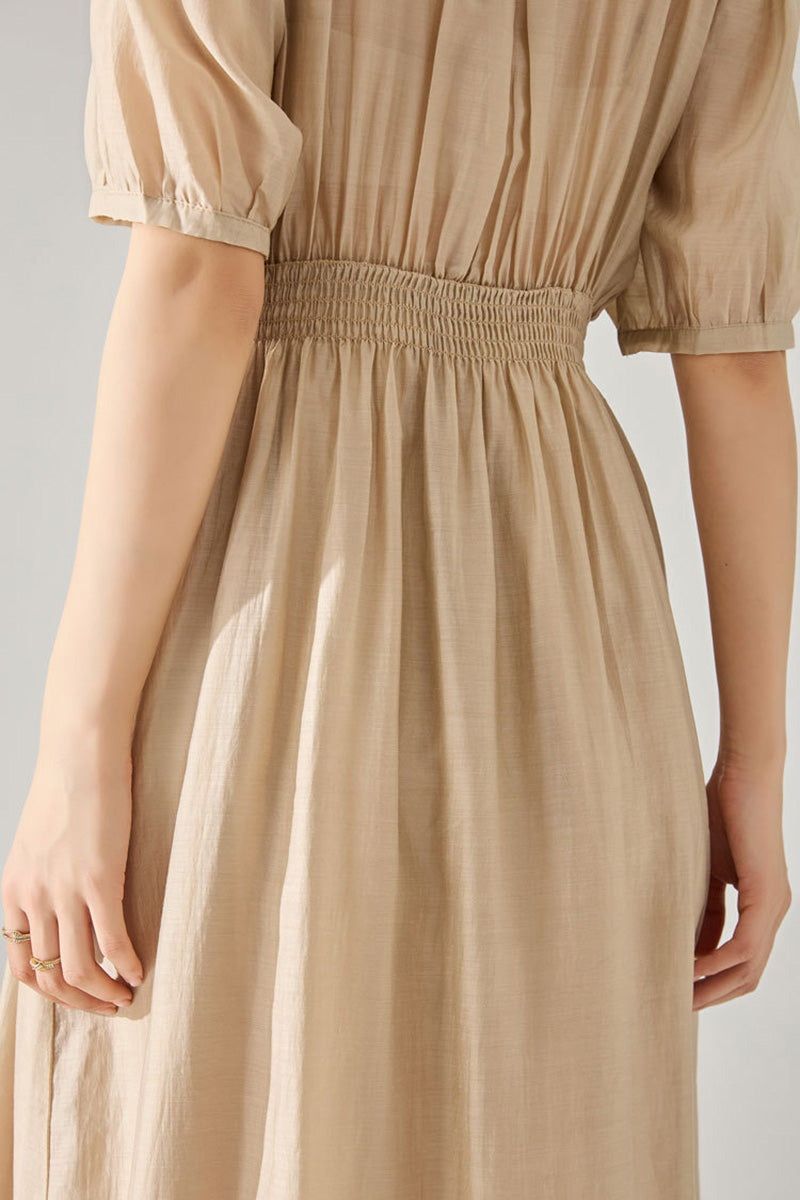 Sheer Tencel A-Line Midi Wrap Dress with Button Detail in Beige