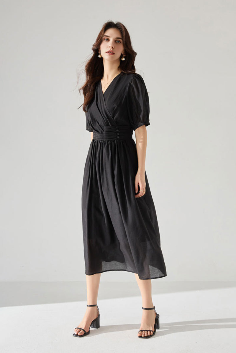 Sheer Tencel A-Line Midi Wrap Dress with Button Detail in Black