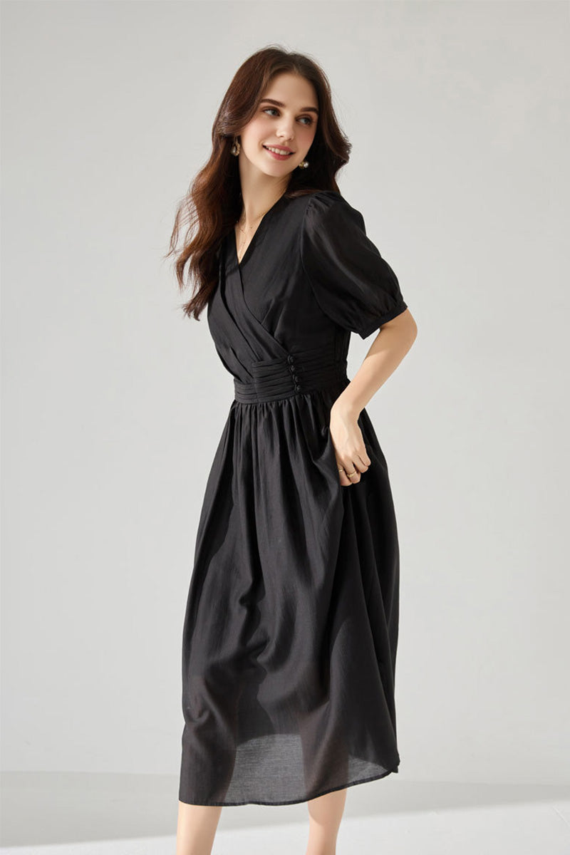 Sheer Tencel A-Line Midi Wrap Dress with Button Detail in Black