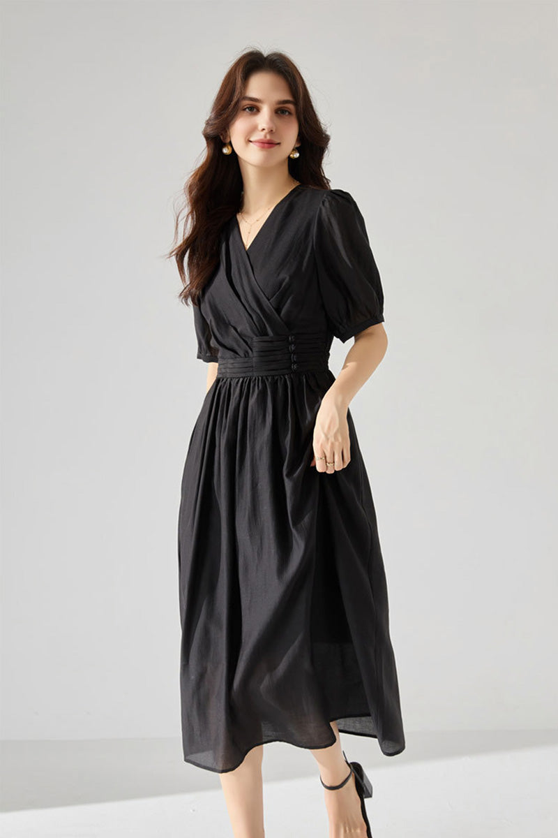 Sheer Tencel A-Line Midi Wrap Dress with Button Detail in Black