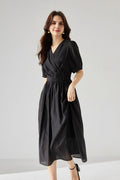 Sheer Tencel A-Line Midi Wrap Dress with Button Detail in Black