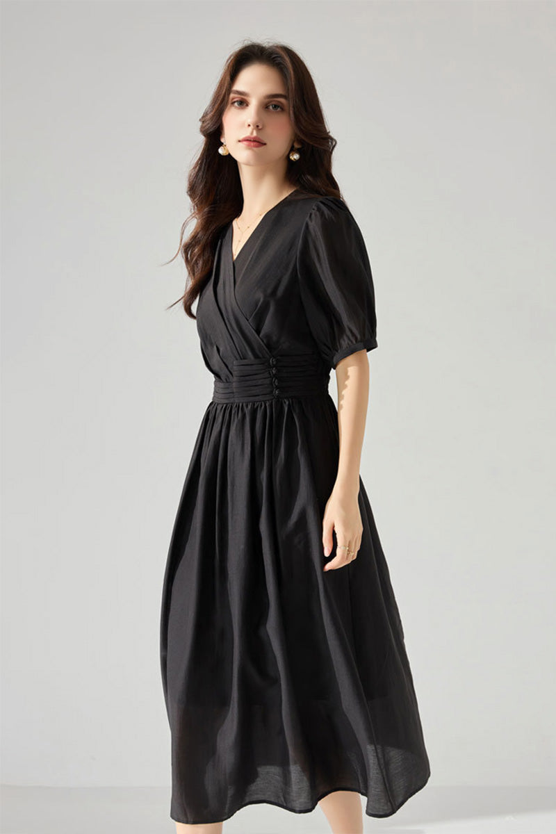Sheer Tencel A-Line Midi Wrap Dress with Button Detail in Black