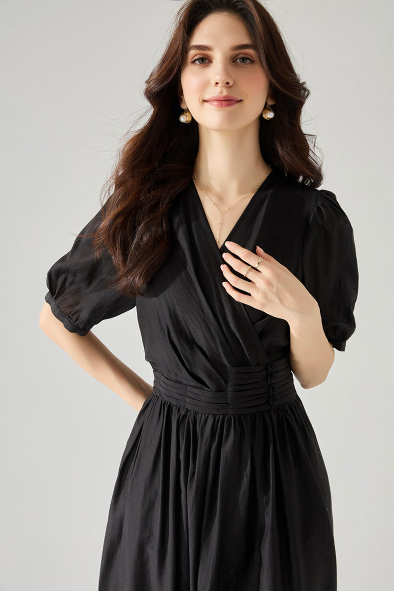 Sheer Tencel A-Line Midi Wrap Dress with Button Detail in Black