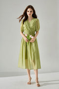 Sheer Tencel A-Line Midi Wrap Dress with Button Detail in Green