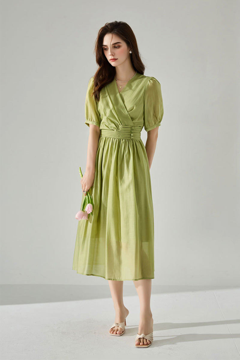 Sheer Tencel A-Line Midi Wrap Dress with Button Detail in Green