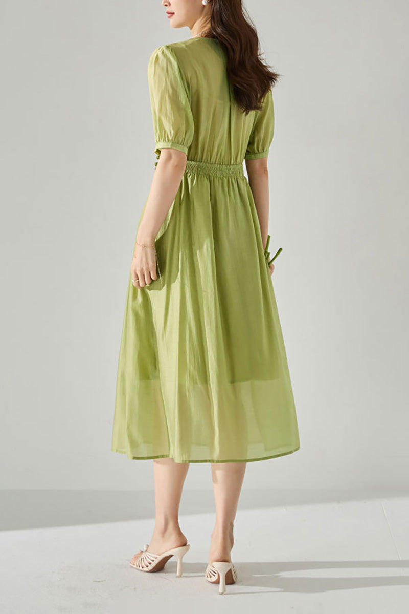 Sheer Tencel A-Line Midi Wrap Dress with Button Detail in Green