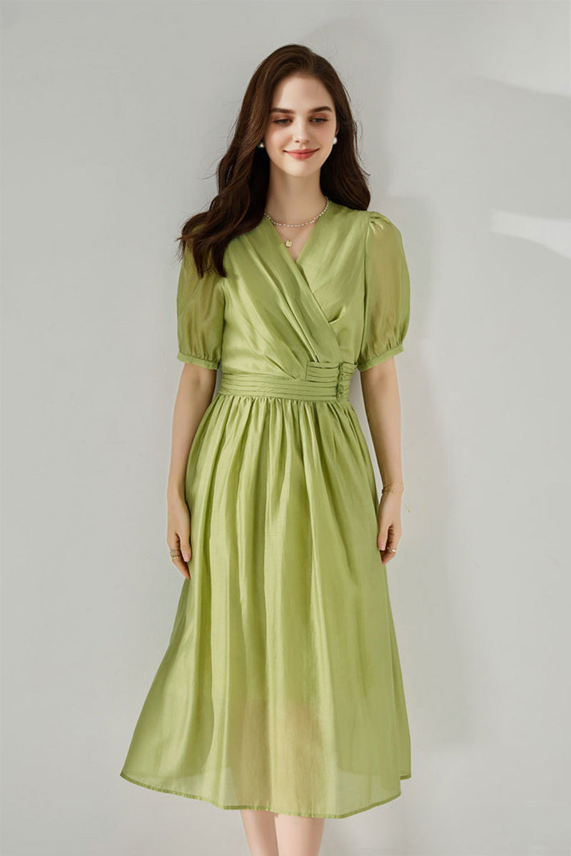 Sheer Tencel A-Line Midi Wrap Dress with Button Detail in Green
