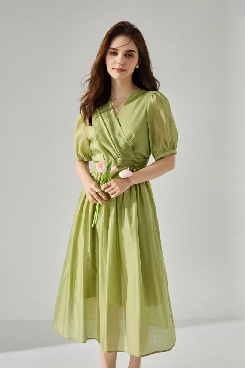 Sheer Tencel A-Line Midi Wrap Dress with Button Detail in Green