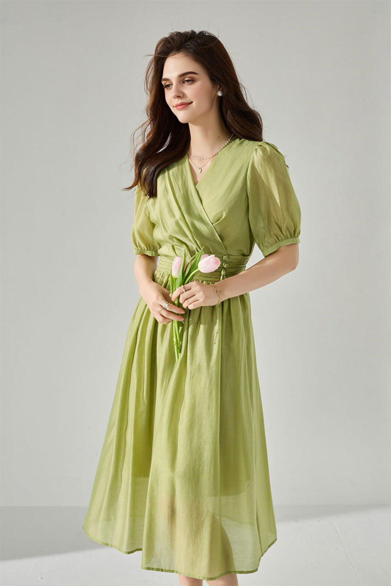 Sheer Tencel A-Line Midi Wrap Dress with Button Detail in Green