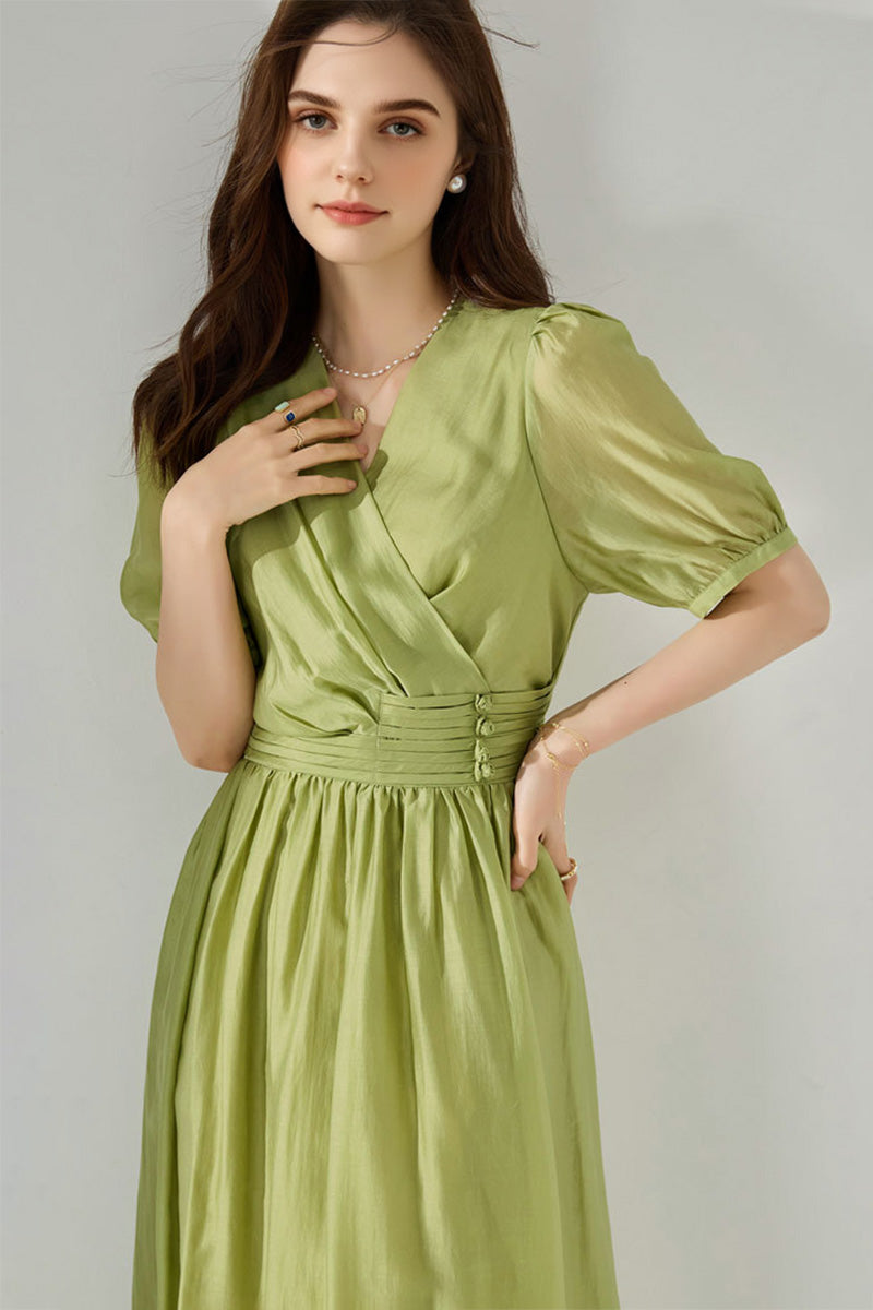 Sheer Tencel A-Line Midi Wrap Dress with Button Detail in Green