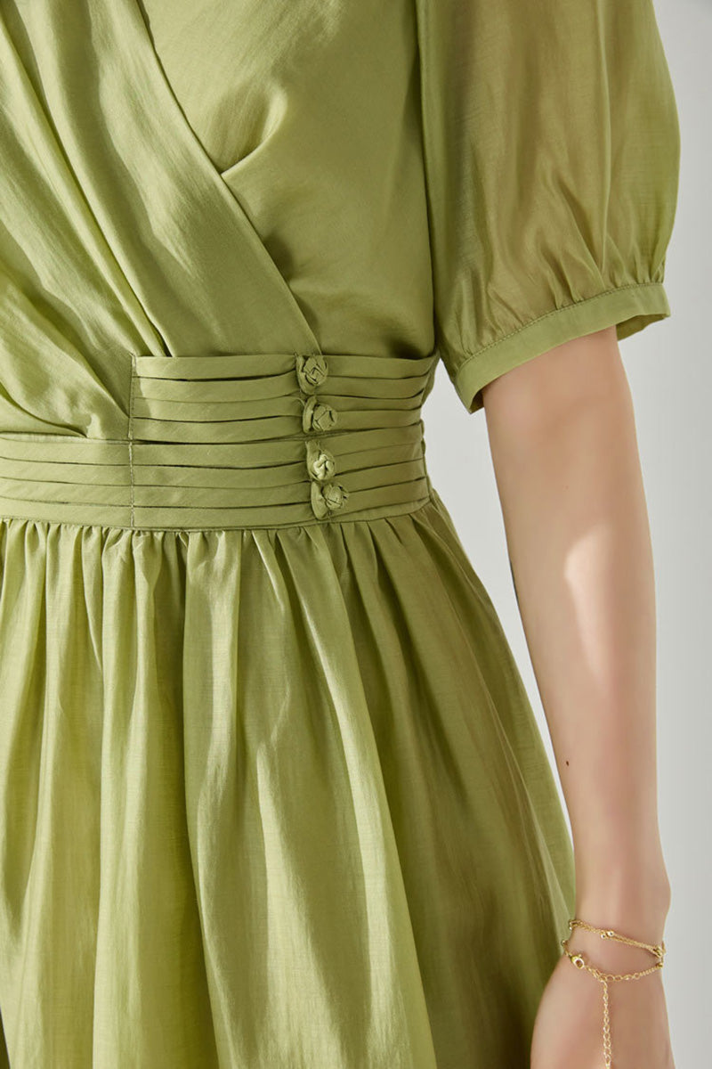 Sheer Tencel A-Line Midi Wrap Dress with Button Detail in Green