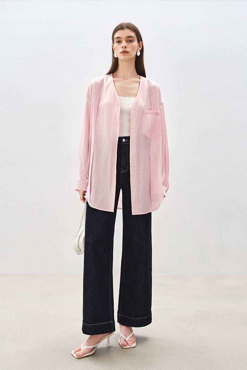 Sheer V-Neck Drop-Shoulder Shirt