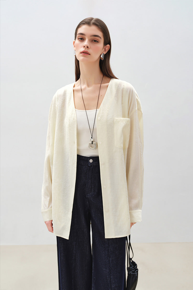 Sheer V-Neck Drop-Shoulder Shirt