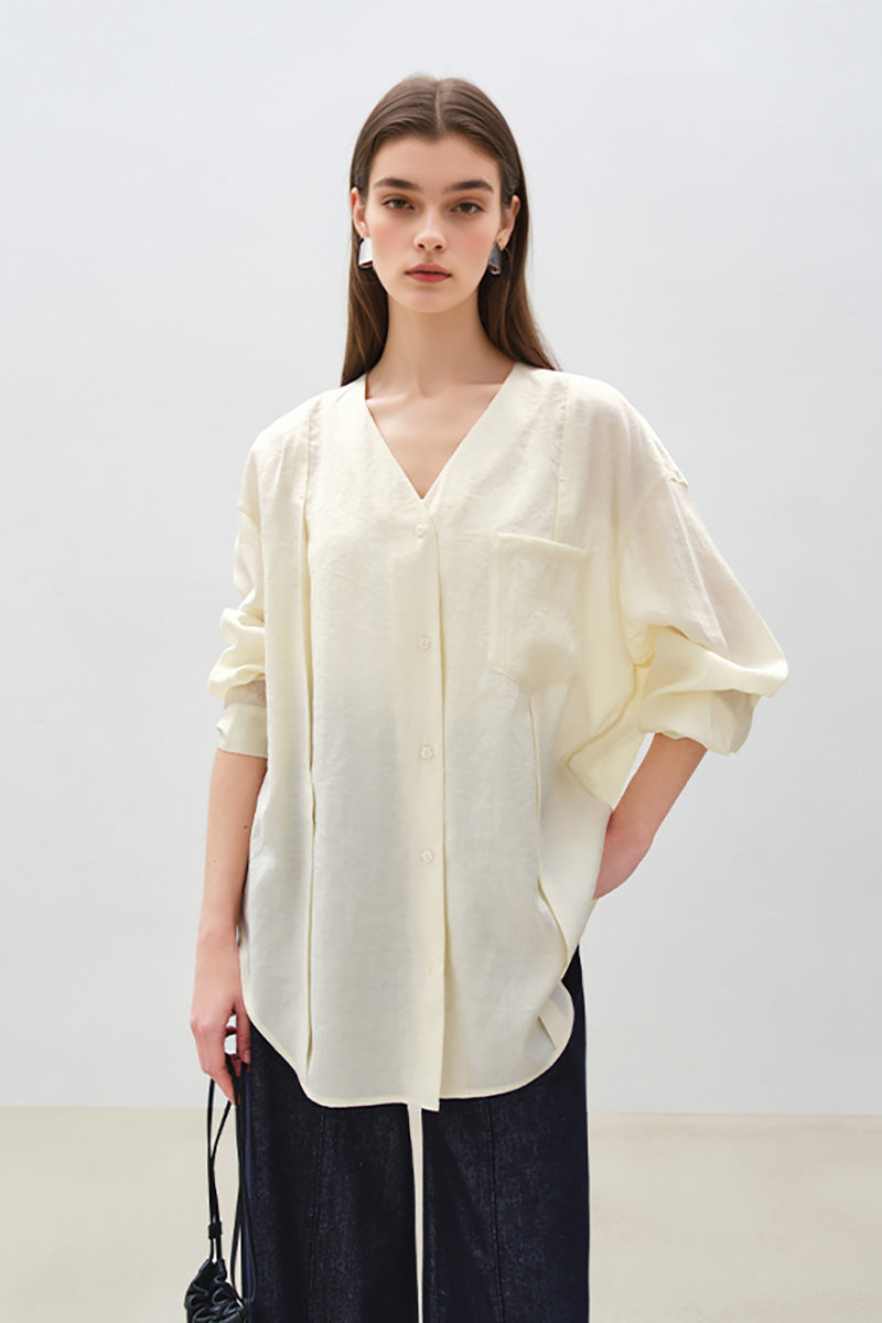 Sheer V-Neck Drop-Shoulder Shirt
