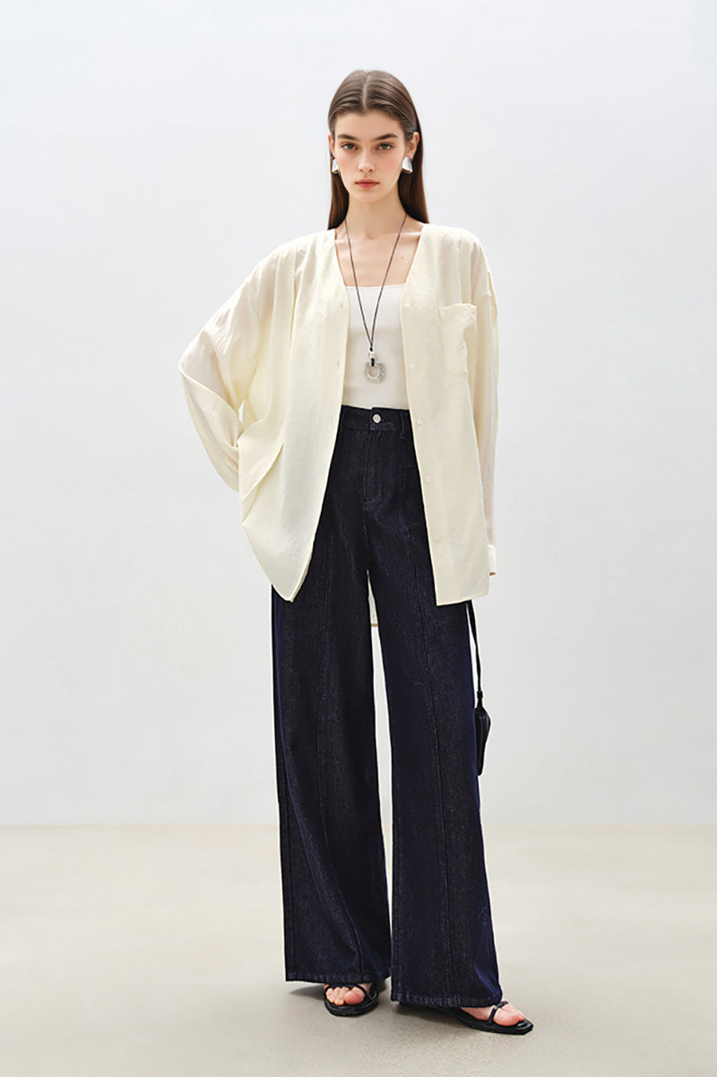 Sheer V-Neck Drop-Shoulder Shirt