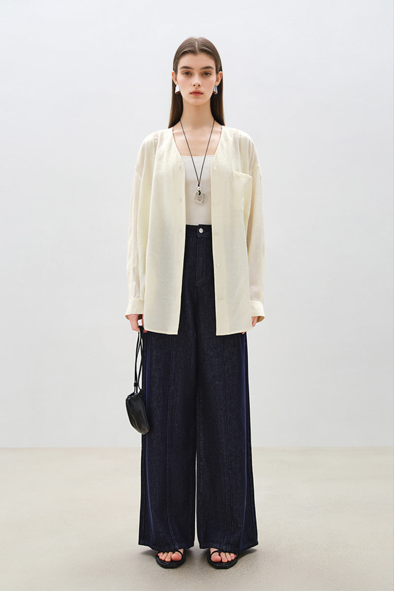 Sheer V-Neck Drop-Shoulder Shirt