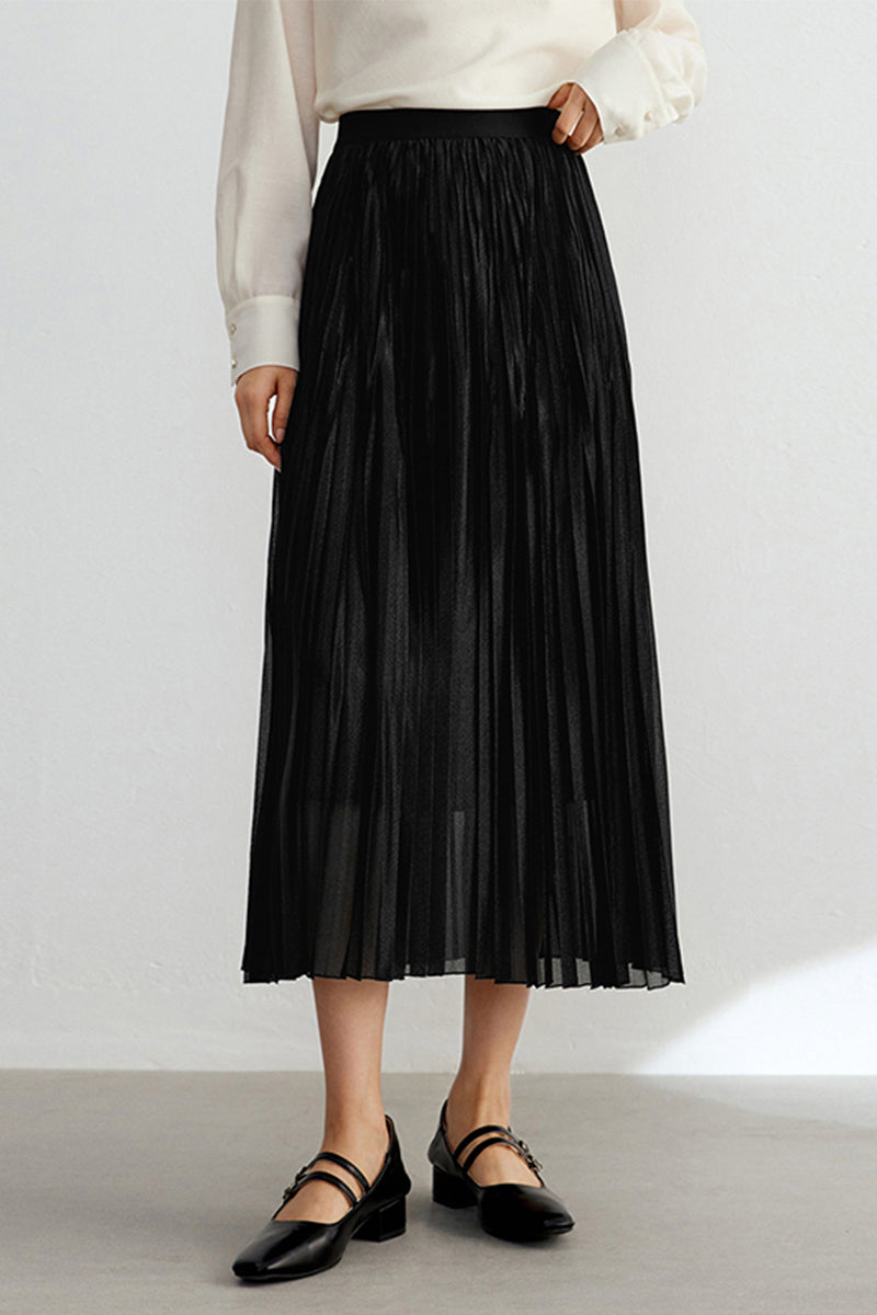 Shimmery Pleated Mesh High-Rise Midi Skirt