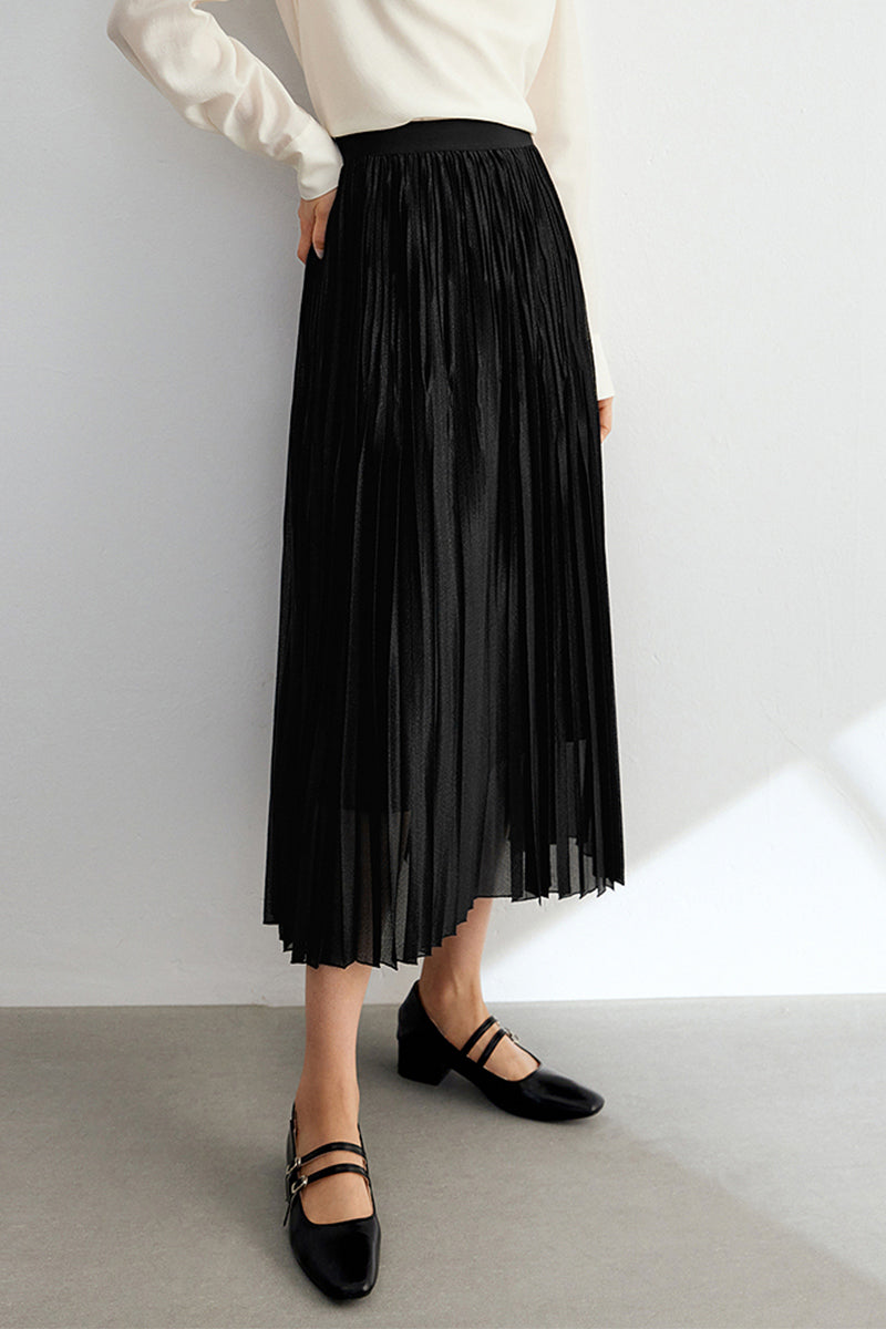 Shimmery Pleated Mesh High-Rise Midi Skirt