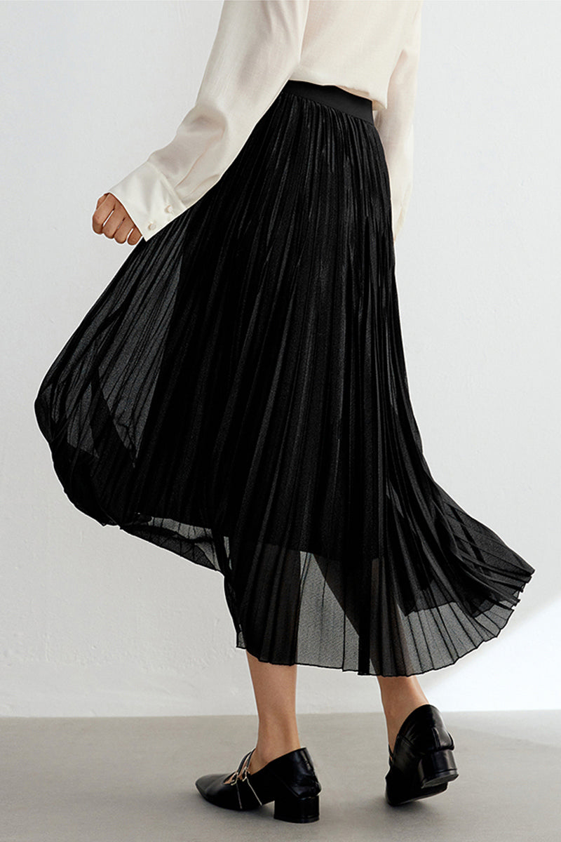Shimmery Pleated Mesh High-Rise Midi Skirt