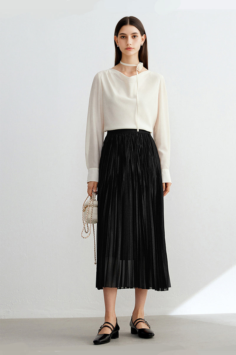 Shimmery Pleated Mesh High-Rise Midi Skirt