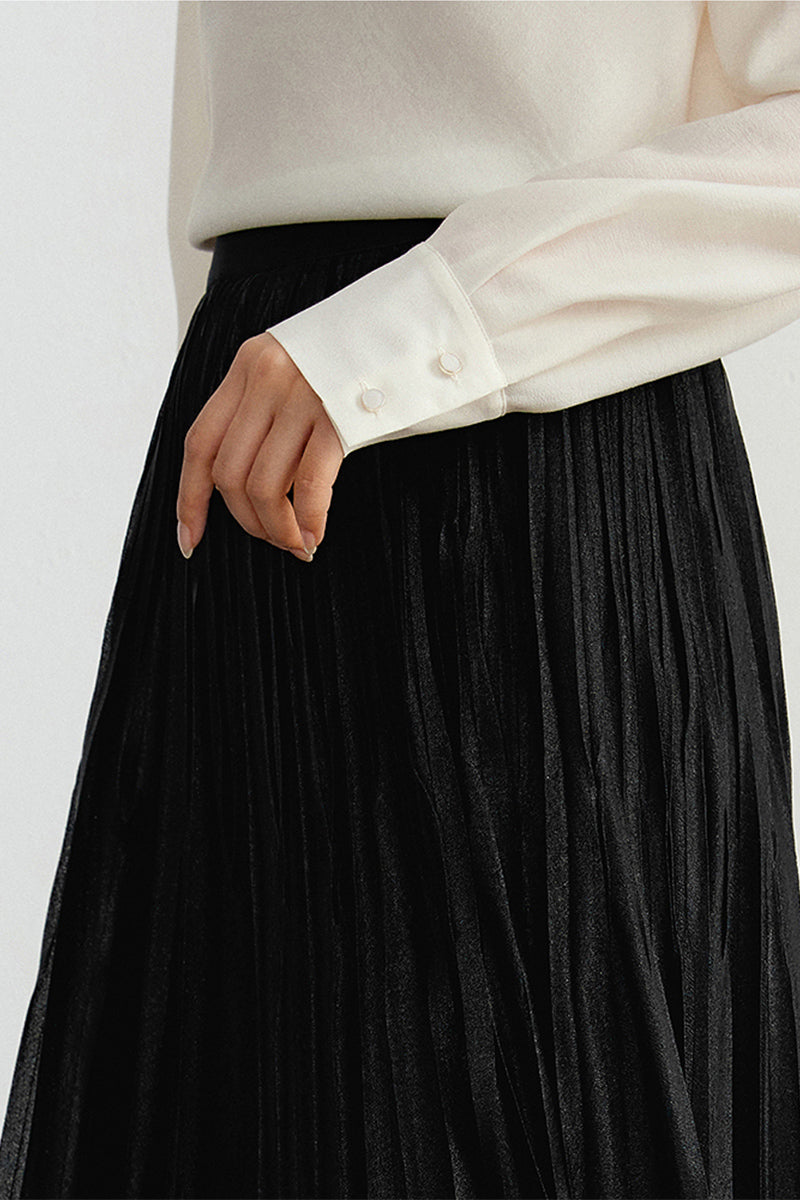 Shimmery Pleated Mesh High-Rise Midi Skirt