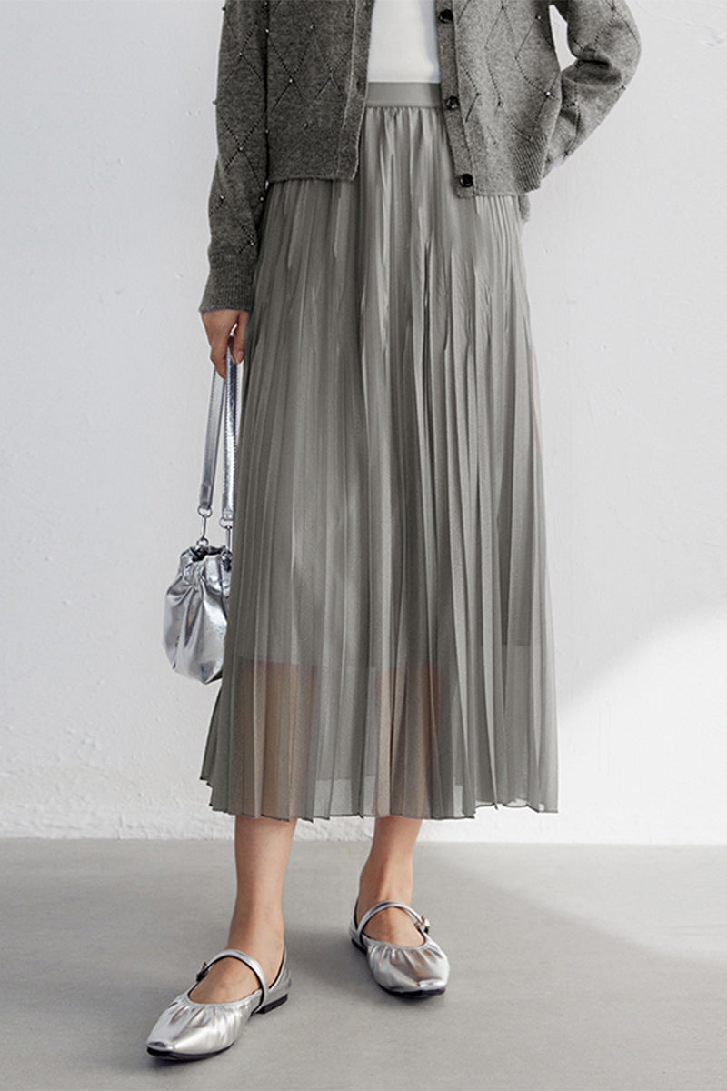Shimmery Pleated Mesh High-Rise Midi Skirt