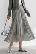 Shimmery Pleated Mesh High-Rise Midi Skirt