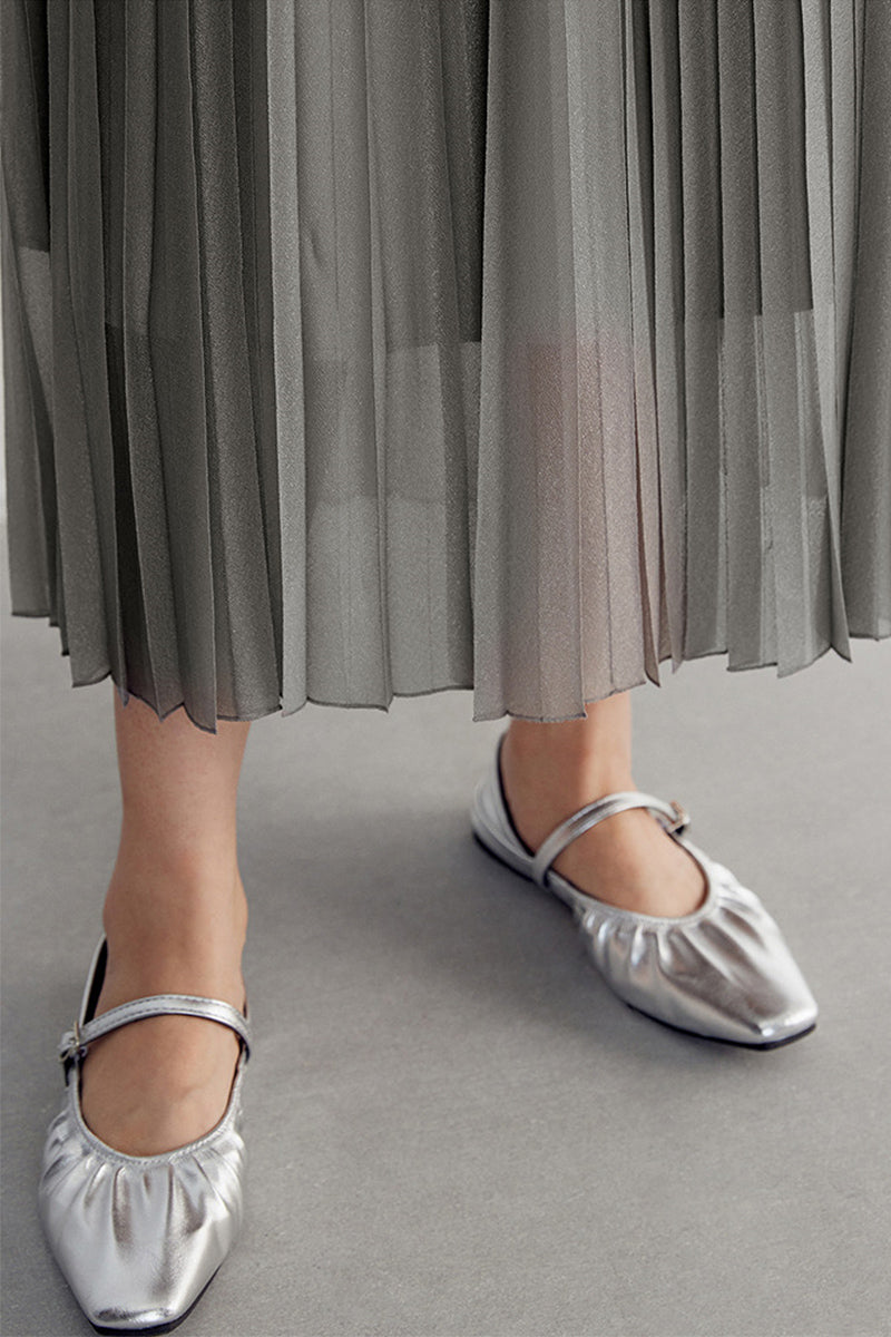 Shimmery Pleated Mesh High-Rise Midi Skirt