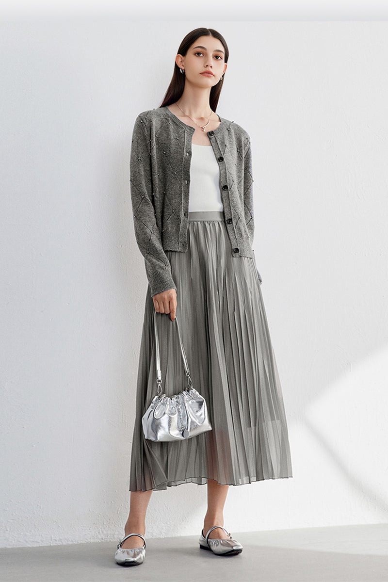 Shimmery Pleated Mesh High-Rise Midi Skirt