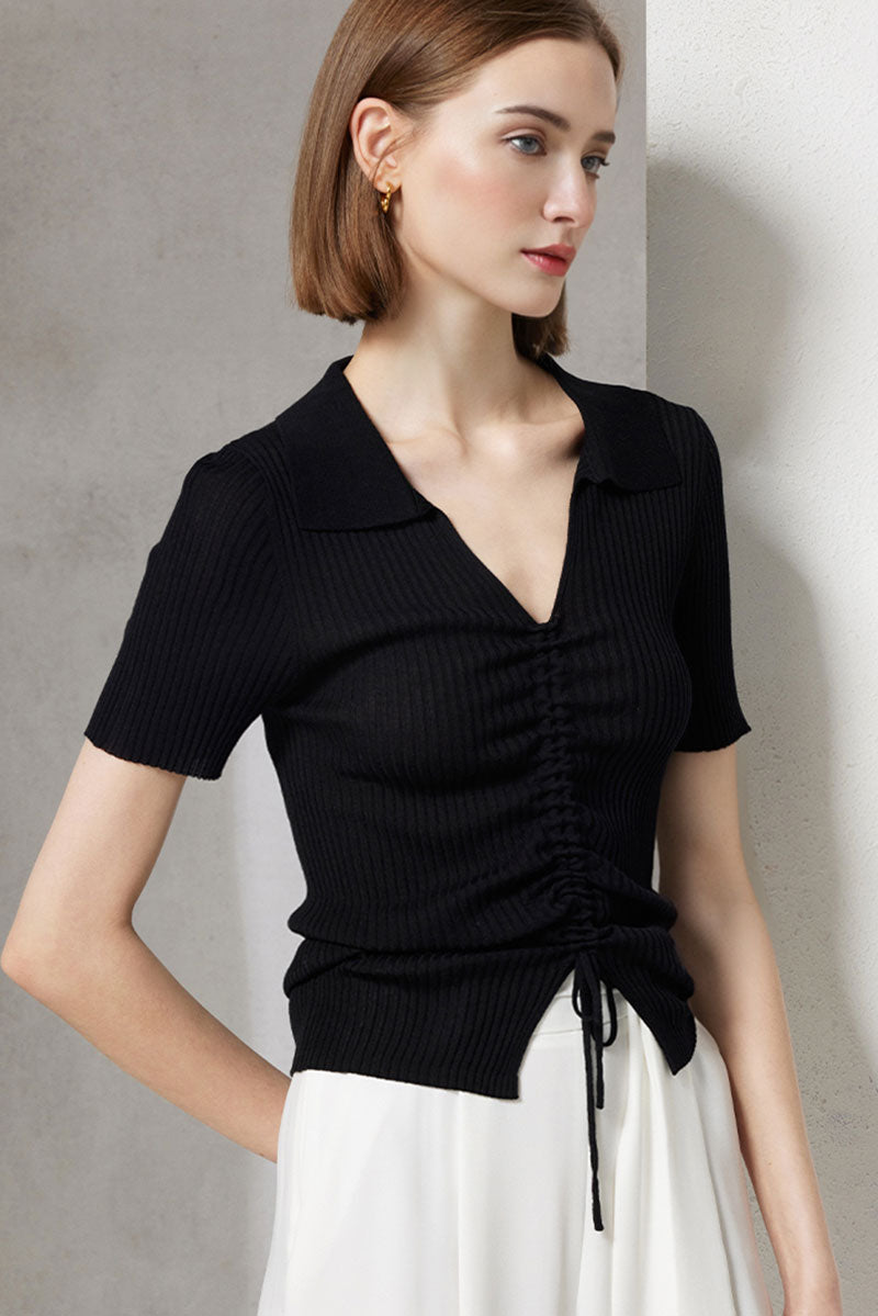 Short-Sleeve Ribbed Ruched-Front V-Neck Polo T-Shirt