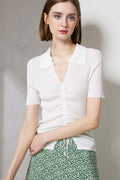 Short-Sleeve Ribbed Ruched-Front V-Neck Polo T-Shirt