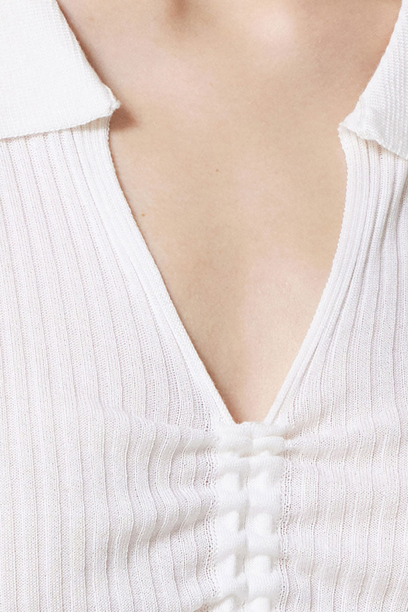 Short-Sleeve Ribbed Ruched-Front V-Neck Polo T-Shirt