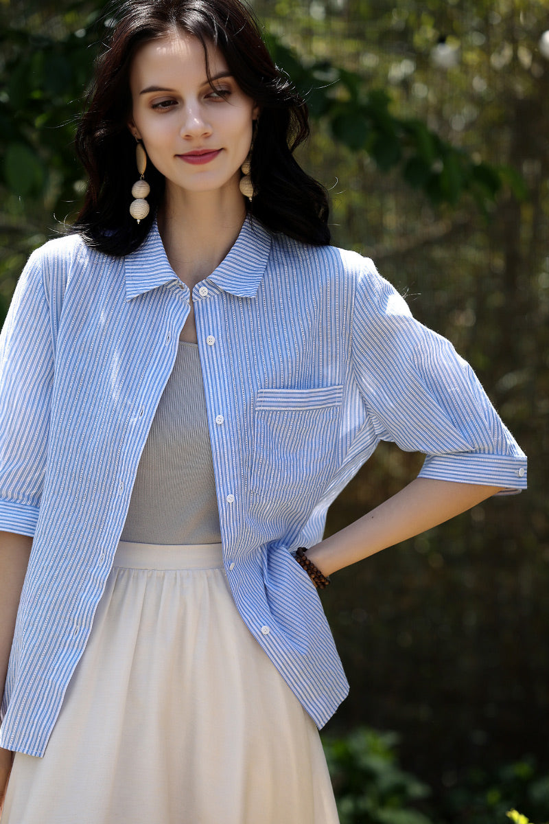Short Sleeve Vertical Striped Shirt Women