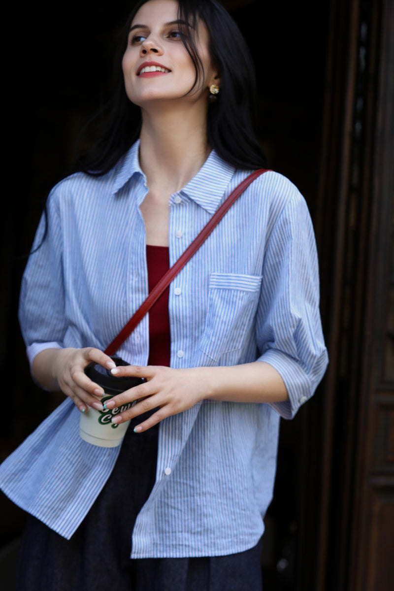 Short Sleeve Vertical Striped Shirt Women