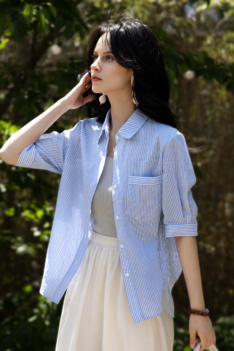 Short Sleeve Vertical Striped Shirt Women