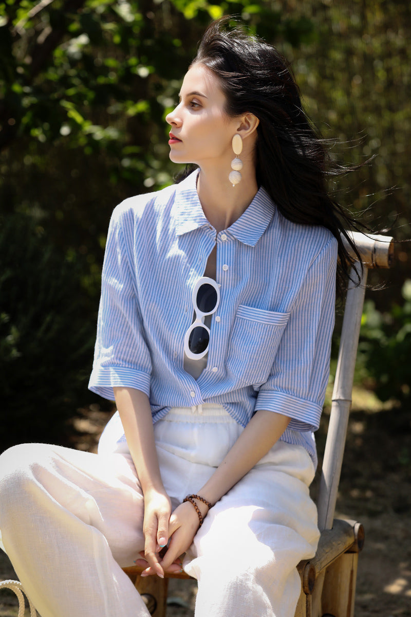 Short Sleeve Vertical Striped Shirt Women