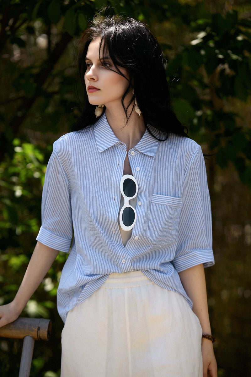 Short Sleeve Vertical Striped Shirt Women