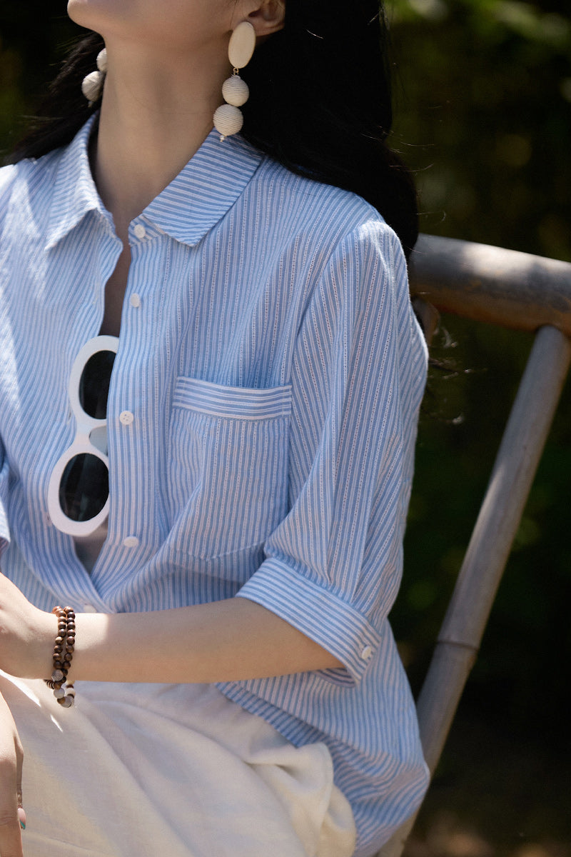 Short Sleeve Vertical Striped Shirt Women