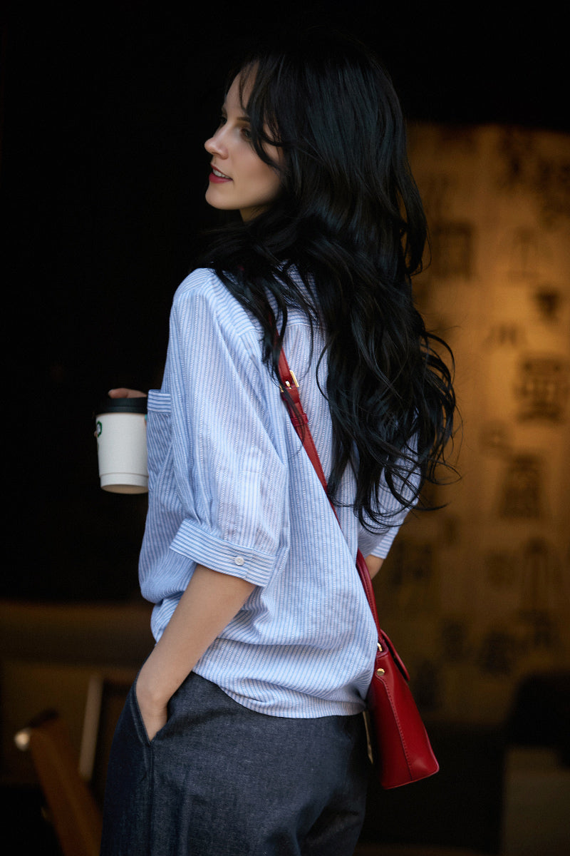 Short Sleeve Vertical Striped Shirt Women