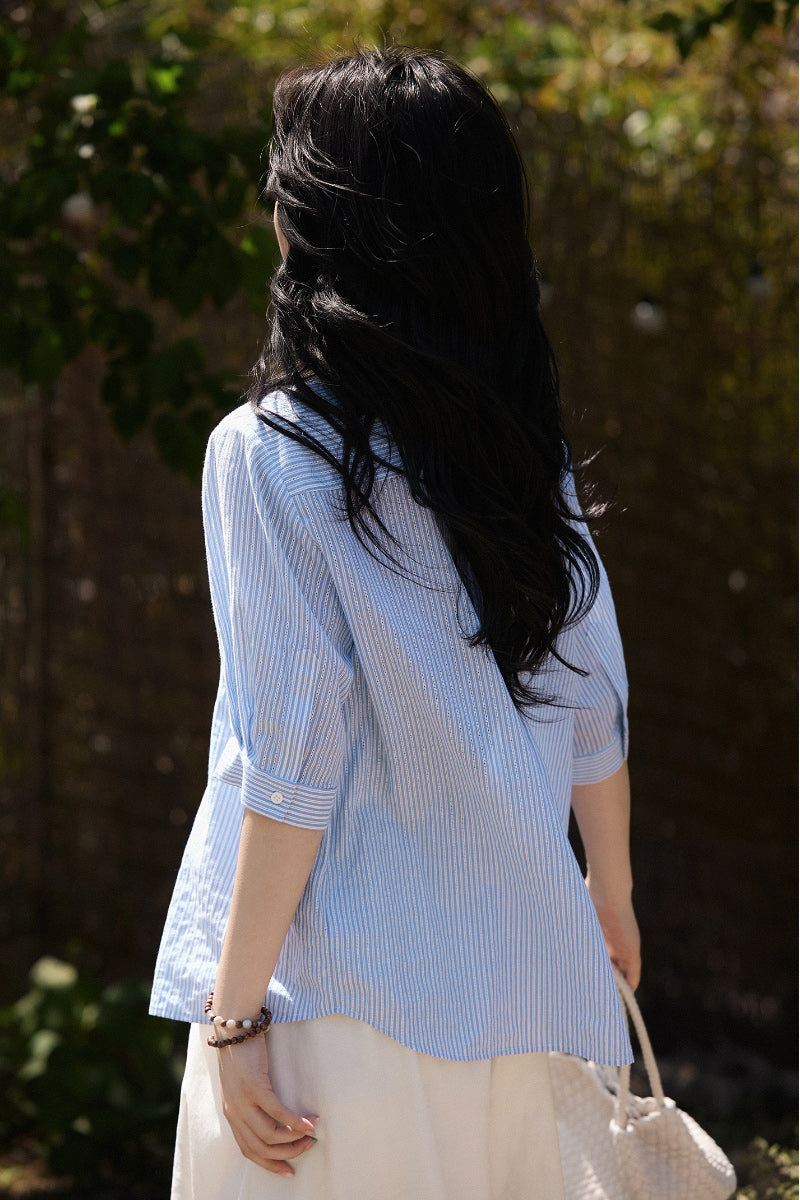 Short Sleeve Vertical Striped Shirt Women