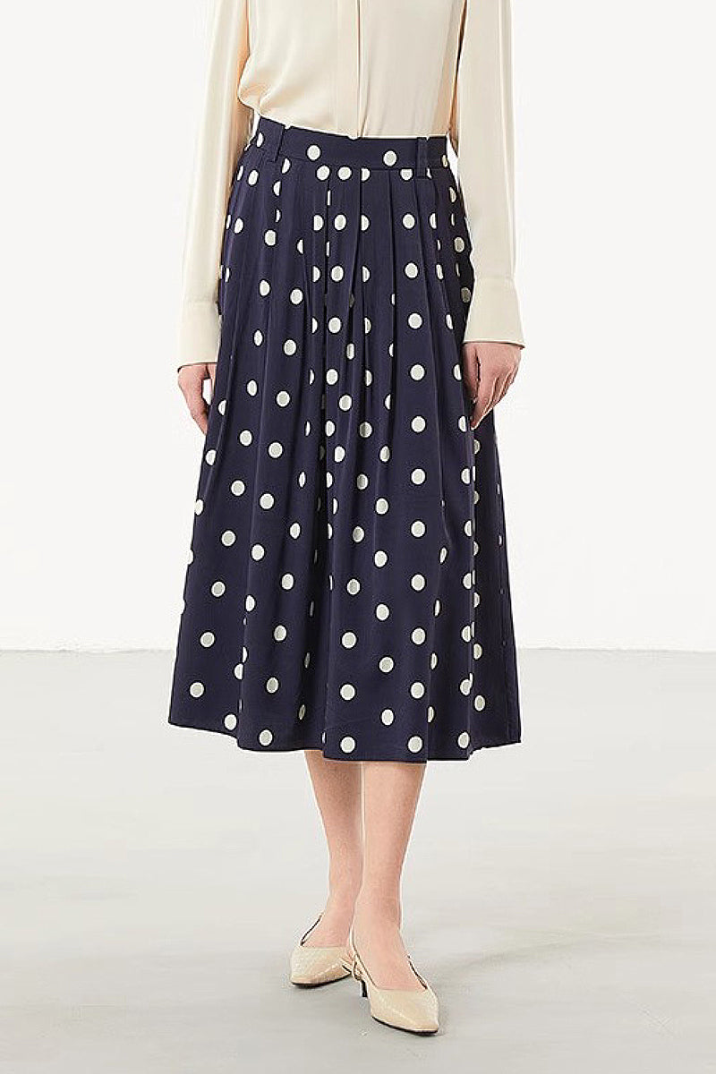 Signature Pleated Silk-Blend Polka Dot Midi Skirt