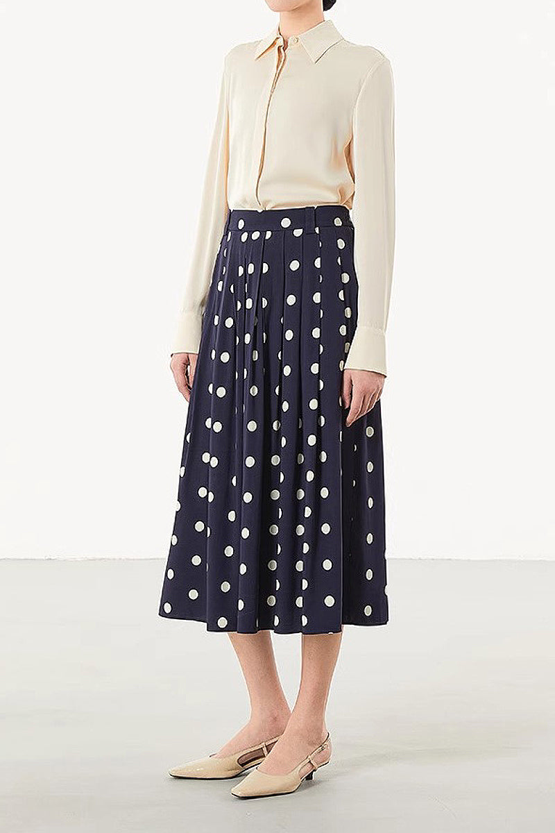 Signature Pleated Silk-Blend Polka Dot Midi Skirt