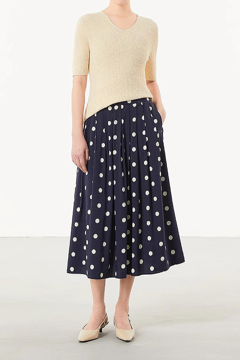 Signature Pleated Silk-Blend Polka Dot Midi Skirt