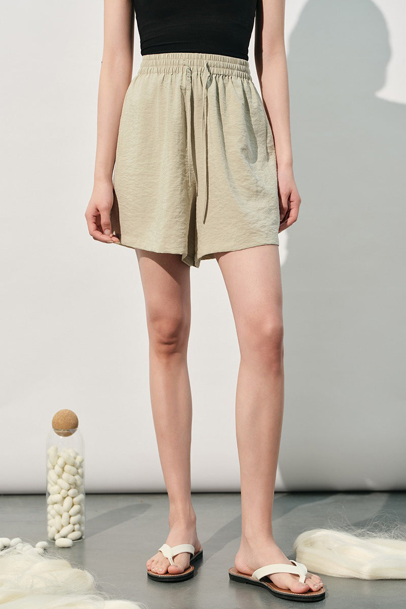 Silk Blend Elastic Waist Wide Leg Shorts