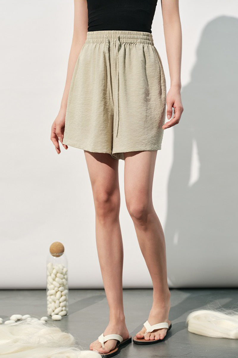 Silk Blend Elastic Waist Wide Leg Shorts